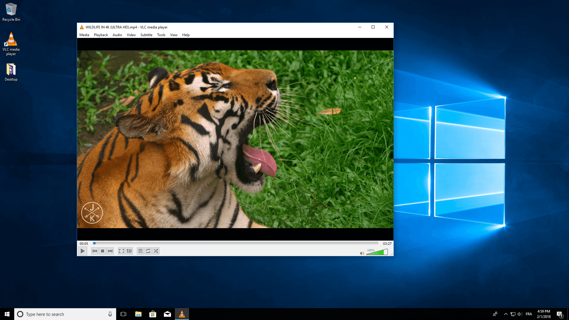 VLC media player on Windows playing a 4K wildlife video of a tiger with playback controls visible